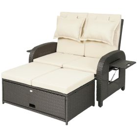 Patio Rattan Daybed, Wicker Outdoor Daybed with Storage Ottoman, Loveseat with Adjustable Backrest, Side Tables, Beige Patio Rattan Daybed, Wicker Outdoor Daybed with Storage Ottoman, Loveseat with Adjustable Backrest, Side Tables, Beige