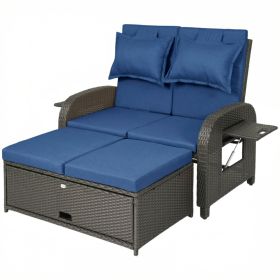 Patio Rattan Daybed, Wicker Outdoor Daybed with Storage Ottoman, Loveseat w/ Adjustable Backrest, Side Tables, Navy Blue Patio Rattan Daybed, Wicker Outdoor Daybed with Storage Ottoman, Loveseat w/ Adjustable Backrest, Side Tables, Navy Blue